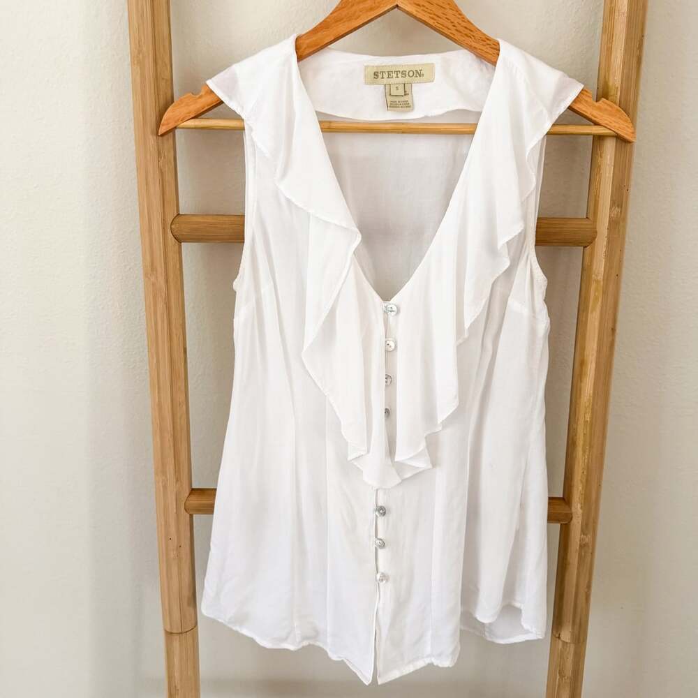 Stetson White Ruffle Sleeveless Button Front Blouse Top Small Western Boho